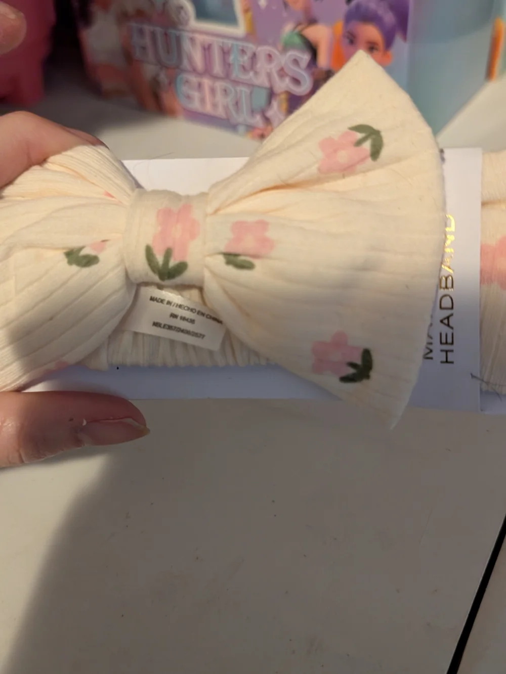 Tahari Baby Cream Ribbed Bow Headband with Pink Floral Print
